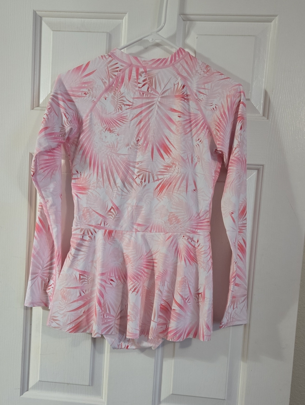 Long-Sleeve Pink Palm-Print One-Piece Swimdress with Skirt